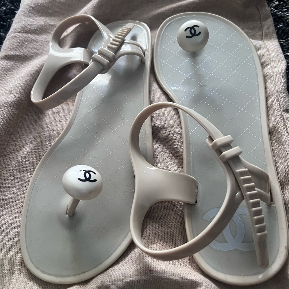 Chanel Cream Sandals with Iconic Logo slightly used